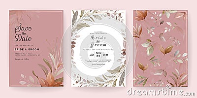 Floral background card. Wedding invitation template set with brown leaves for save the date, greeting, poster, and cover design Vector Illustration