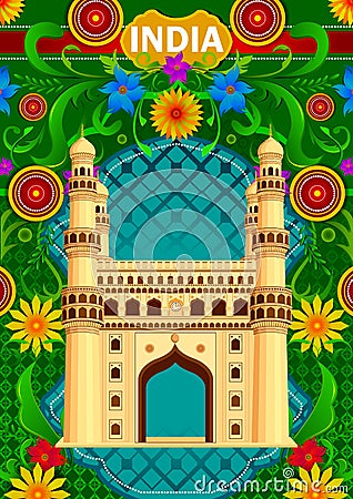 Floral background with Charminar showing Incredible India Vector Illustration