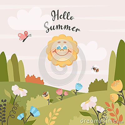 Floral background with cute smiling sun. Cartoon character glad of coming summer. Meadow, flowers, foliage, grass. Nature Vector Illustration