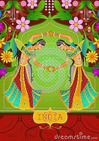 Floral background with Dancing Indian ladies showing Incredible India Vector Illustration