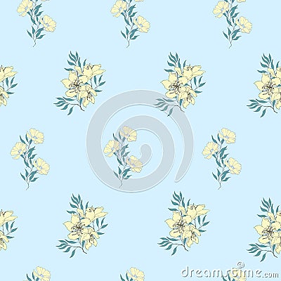 Floral background of delicate yellow flowers on blue. Vintage light seamless texture for cards, tiles, invitations, greetings and Vector Illustration