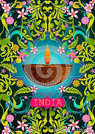 Floral background with Diwali Diya showing Incredible India Vector Illustration