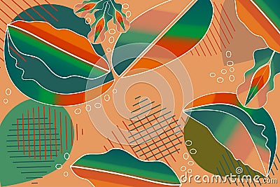 Floral background. Fantastic tropical variegated leaves and flowers on coral background. Vector illustration. Vector Illustration