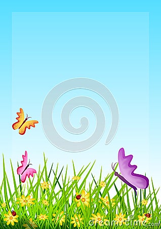 Floral background with herbs and small flowers, butterflies and ladybugs. Illustration. Stock Photo