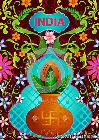 Floral background with holy kalash showing Incredible India Vector Illustration
