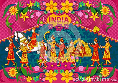 Floral background with Indian wedding baraat showing Incredible India Vector Illustration