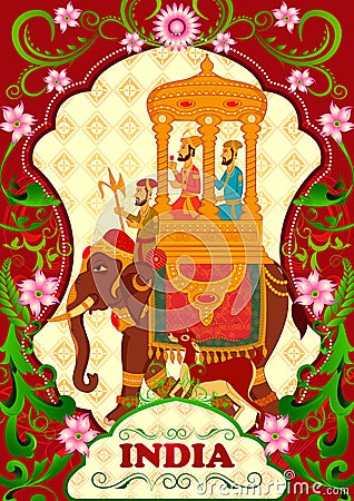 Floral background with King on elephant ride showing Incredible India Vector Illustration