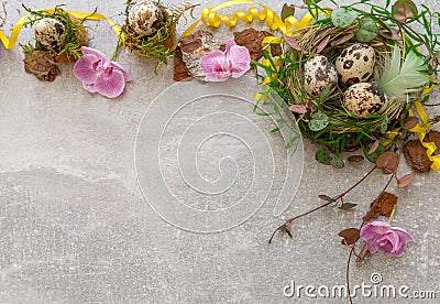 Quail eggs on white background. Flat lay, top view. Easter concept. Stock Photo