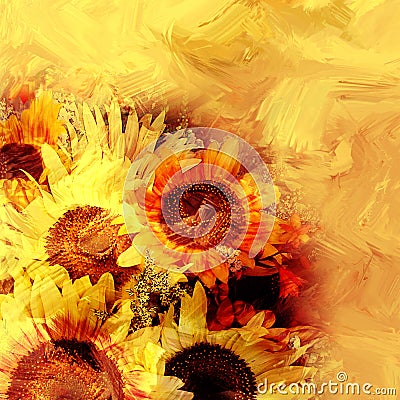 Floral background with stylized bouquet of sunflowers Stock Photo