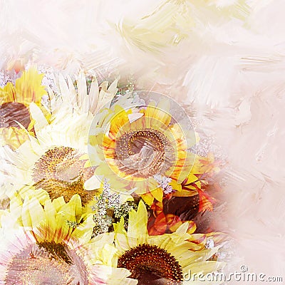 Floral background with stylized bouquet of sunflowers Stock Photo