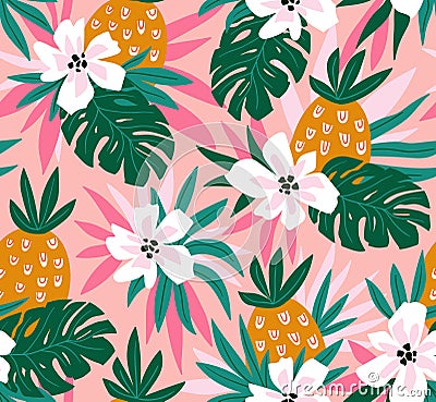 Floral background with tropical hawaiian flowers, leaves and pineapples. Vector seamless pattern for fabric design. Vector Illustration