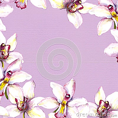 Floral background - white orchid flowers on violet paper texture. Hand painted aquarelle drawing Stock Photo