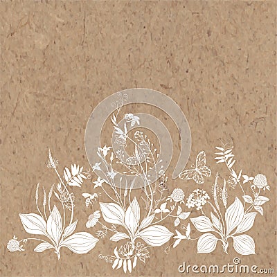Floral background with wildflowers, herbs, bees,butterfly and space for text on kraft paper. Invitation, greeting card Cartoon Illustration