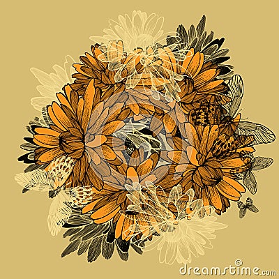 Floral background with yellow chrysanthemums and butterflies. Ha Vector Illustration