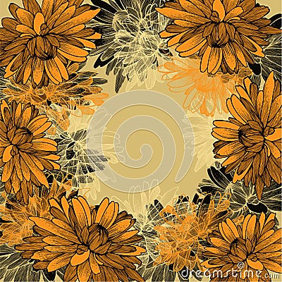 Floral background with yellow chrysanthemums. Hand Vector Illustration