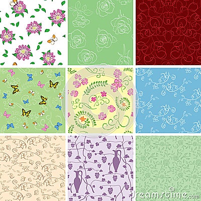 Floral backgrounds with flowers - vector seamless patterns Vector Illustration