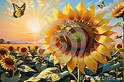 Floral Ballet: Sunflower Swaying Gently in a Soft Breeze, Colorful Butterfly Delicately Perching on a Vibrant Petal Stock Photo