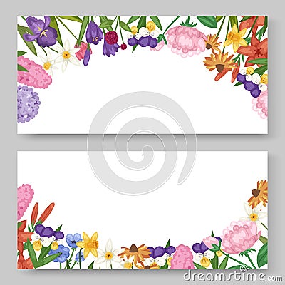 Floral banners set with garden and field flowers vector ilustration. Field or garden flowers, anemone, peony and iris Vector Illustration