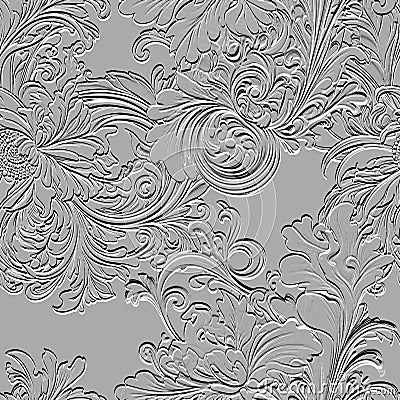 Floral Baroque white 3d seamless pattern. Vector embossed grunge background. Emboss backdrop. Surface relief 3d vintage flowers Vector Illustration
