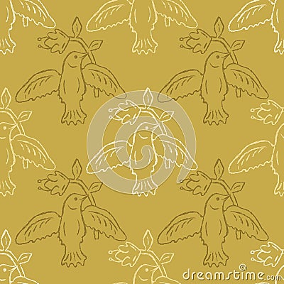 Floral Bird Seamless Vector Pattern. Boho Folk Flower, Peace Dove Flying Birdies Stock Photo