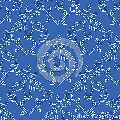 Floral Birds Seamless Vector Pattern. Boho Folk Flower, Peace Dove Flying Birdies Vector Illustration