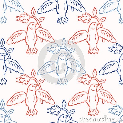 Floral Birds Seamless Vector Pattern. Boho Folk Flower, Peace Dove Flying Birdies Vector Illustration