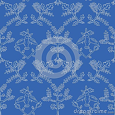 Floral Birds Seamless Vector Pattern. Folk Tree with Peace Dove Birdies Vector Illustration