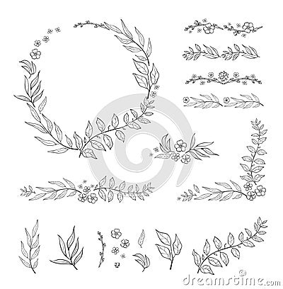 Floral black and white Frame Collection in line style. Set of cute retro leaf arranged un a shape of the wreath Vector Illustration