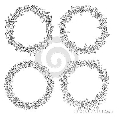 Floral black and white Frame Collection in line style. Set of cute retro leaf arranged un a shape of the wreath Vector Illustration