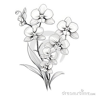 Monochrome Orchid: Intricate Floral Drawing On White Background Cartoon Illustration