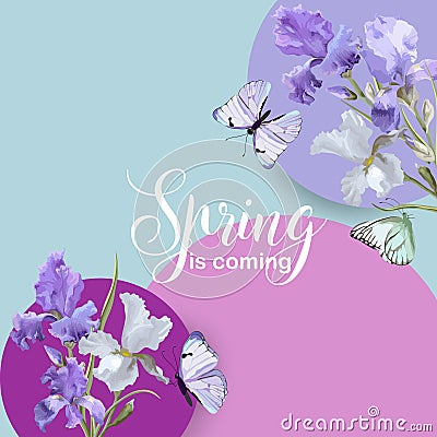Floral Bloom Spring Banner with Purple Iris Flowers and Butterflies. Invitation, Poster, Greeting Card Flyer Template Vector Illustration