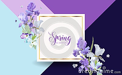 Floral Bloom Spring Banner with Purple Iris Flowers. Invitation, Poster, Greeting Card Flyer Template Vector Illustration