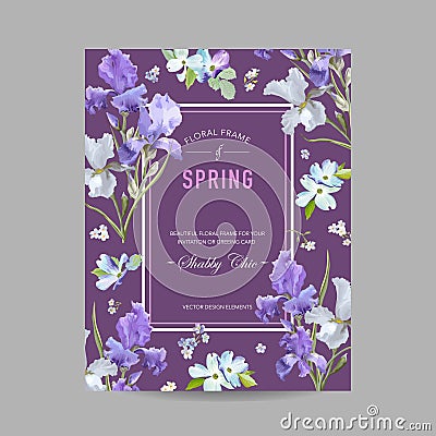 Floral Bloom Spring Frame with Purple Iris Flowers. Invitation, Poster, Greeting Card Flyer Template Vector Illustration