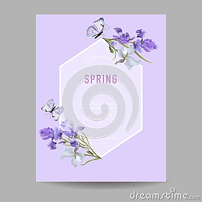 Floral Bloom Spring Frame with Purple Iris Flowers. Invitation, Poster, Greeting Card Flyer Template Vector Illustration