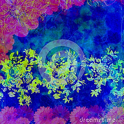 Blue abstract floral bohemian hippie grunge texture daisy border background Stock Photo