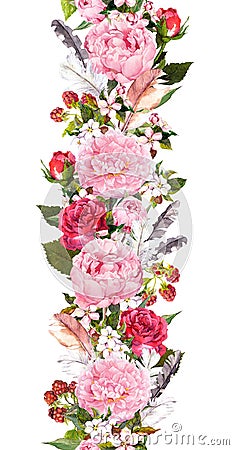 Floral border with flowers, roses, feathers. Vintage repeated strip. Watercolor Stock Photo