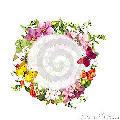 Floral border frame. Butterflies, flowers, wild herbs. Watercolor wreath Stock Photo