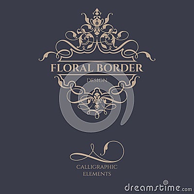 Floral border frame with calligraphic elements. Vector Illustration