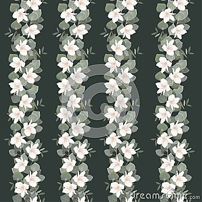 Floral border. Green eucalyptus, small white flowers, magnolia, sakura. Floral border on a dark background. Vector Illustration