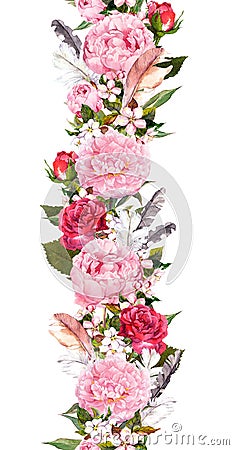 Floral border with pink peony flowers, cherry blossom, bird feathers. Vintage seamless stripe in boho style. Watercolor Stock Photo