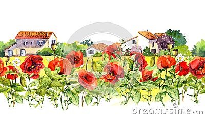 Floral border with poppies, rural farm houses. Watercolor meadow flowers, grass, herbs. Seamless strip frame Stock Photo