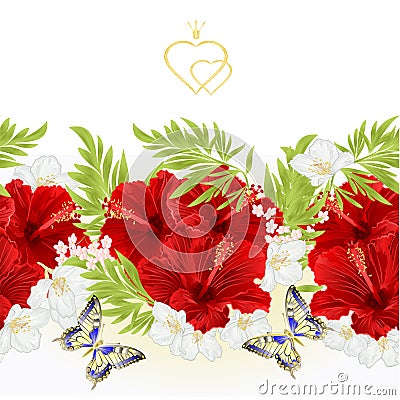 Floral border seamless background red hibiscus tropical flowers with jasmine flowers and butterfly vintage vector Illustration f Vector Illustration