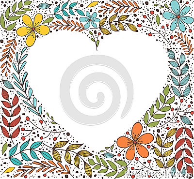 Floral border in the shape of heart, banner with leaf and flowers. Hand draw botanic vector stock illustration, EPS 10. Vector Illustration