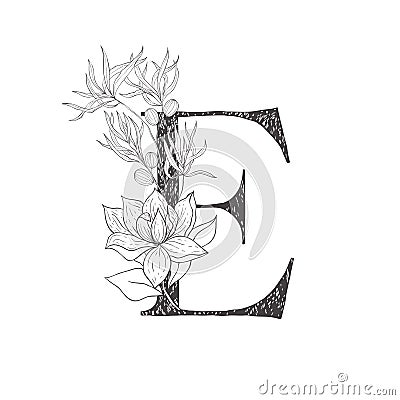 Floral botanical alphabet. Letter with plants and flowers. Vector Illustration
