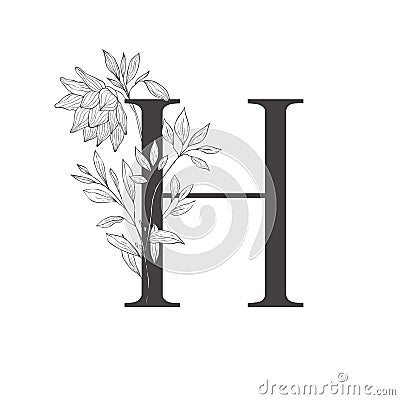 Floral botanical alphabet. Letter with plants and flowers. Vector Illustration