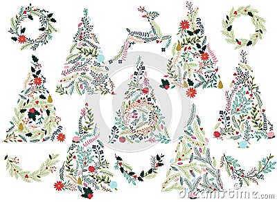 Floral or Botanical Christmas Trees Vector Illustration