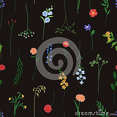 Floral botanical pattern. Seamless flower print. Endless blossomed background, texture design with repeating blooming Vector Illustration