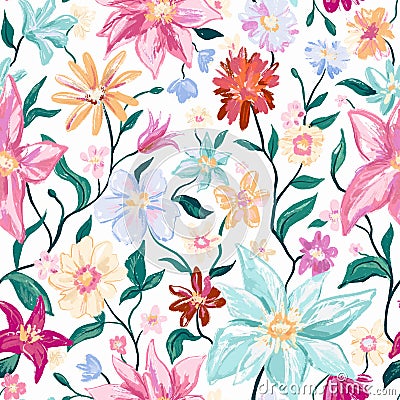Floral botanical seamless pattern with colorful flowers and leaves. Feminine colorful cute hand drawn illustration on Stock Photo