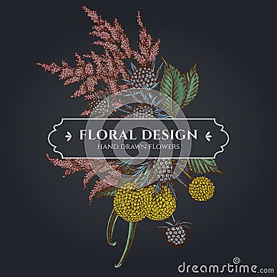 Floral bouquet dark design with astilbe, craspedia, blue eryngo Vector Illustration