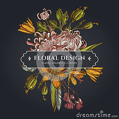 Floral bouquet dark design with japanese chrysanthemum, blackberry lily, eucalyptus flower Vector Illustration